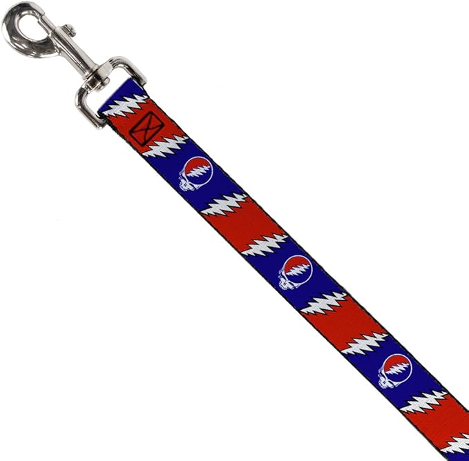 Dog Leash Steal Your Face Lightning Bolt Repeat Red White Blue 6 Feet Long 0.5 Inch Wide