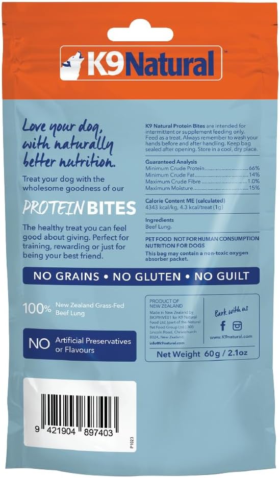 K9 Natural - Grain Free Air Dried Dog Treat Protein Bites - Beef Lung, 2.1oz
