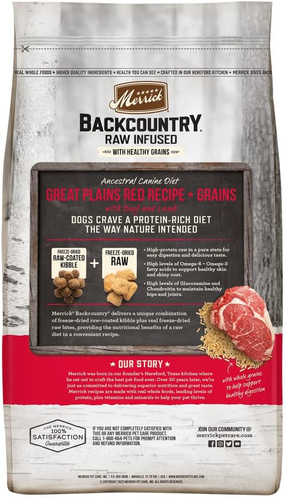 Merrick Backcountry Healthy Grains Kibble With Freeze Dried Raw Pieces, Great Plains Red Meat Recipe Dog Food - 4.0 lb. Bag