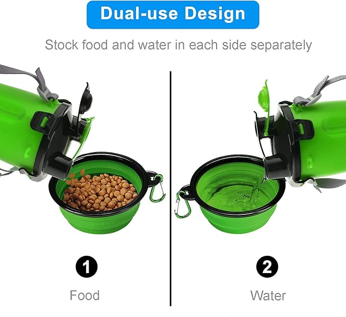Dog Travel Water Bottle Collapsible Bowls, 2 in 1 Pet Food Container with Collapse Bowls, Outdoor Portable Water Bowls for Walking, Traveling, Camping and Hiking (Green)
