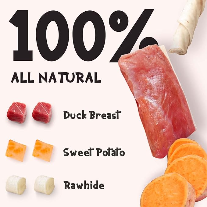 ASMPET Dog Treats Duck Wrapped Rawhide Sweet Potato Stick, Long Lasting Dog Chew Cowhide Treats, Grain Free Teeth Cleaning Dog Treats for Medium Large Dogs, 6 Pieces