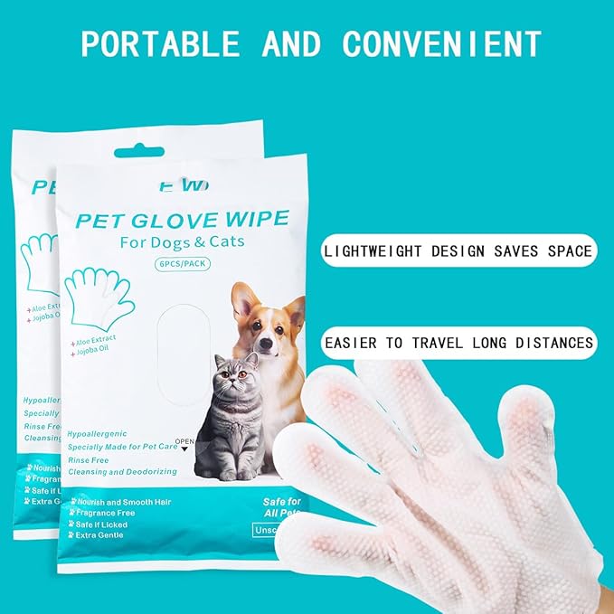 Pet Cleaning & Grooming Glove Wipes, Hypoallergenic Dog Deodorising Bath Wipes, Easy Dry Cleaning Gloves Cat Wipes, Nourishing Fur Wipes, For Grooming Between Baths & Daily Care, Travelling (6 PCS )