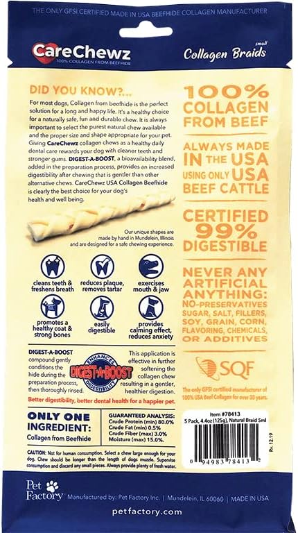 Pet Factory CareChewz Collagen 6-7" Skinny Braided Sticks Dog Chew Treats - Natural Flavor, 5 Count/1 Pack