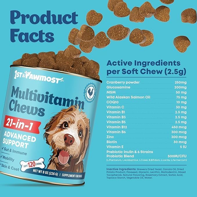 Multivitamin Chews 21-in-1 Dog Vitamins and Supplements for Senior Dogs and Puppies - Multivitamin for Dogs for Skin, Coat, Heart, Immune Support - Dog Multivitamins Chewable for Joint Support -120pcs