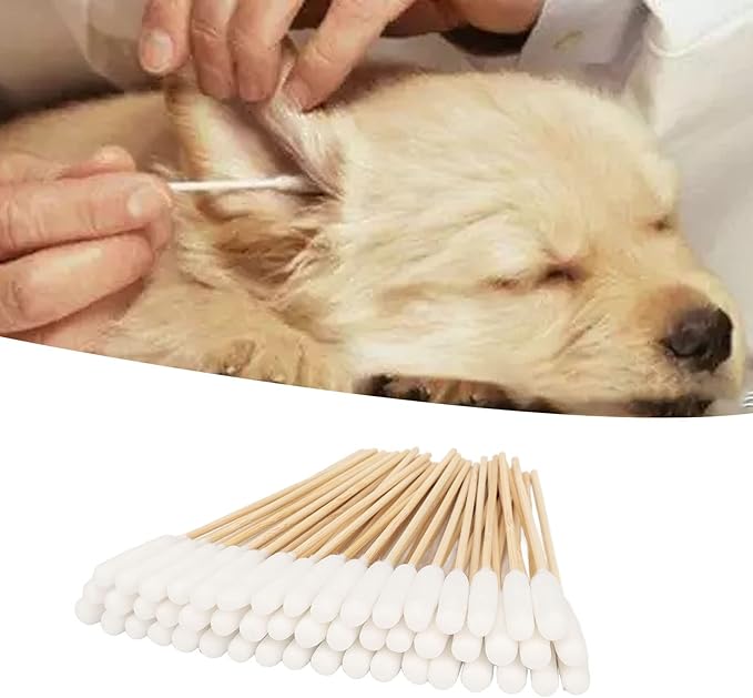 100Pcs Cotton Buds for Dogs and Cats, 6 Inch Long Qtips, Professional Dirt Removal Bamboo Stick Pet Lengthen Cotton Swabs for Cleaning Dog and Cat Ears, Apply Medicine, Clean Wound