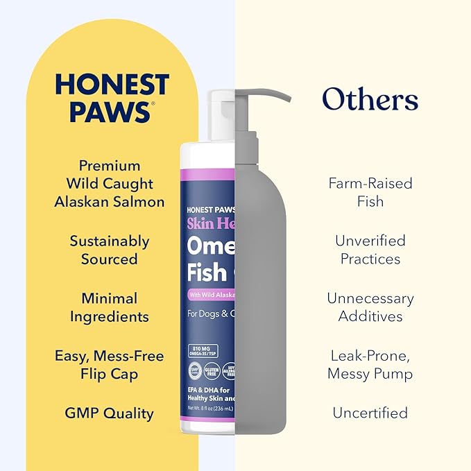 Honest Paws Fish Oil for Dogs - Omega 3 Wild Alaskan Salmon Oil - Healthy Skin, Joints, Nutritional Support, Shiny Coat - Fatty Acid, Pollock Oil - Sustainably Sourced - 8 Oz