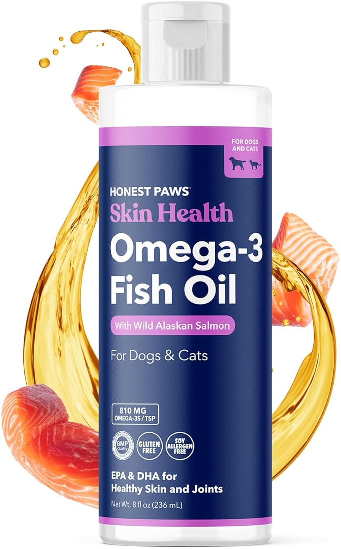 Honest Paws Fish Oil for Dogs - Omega 3 Wild Alaskan Salmon Oil - Healthy Skin, Joints, Nutritional Support, Shiny Coat - Fatty Acid, Pollock Oil - Sustainably Sourced - 8 Oz