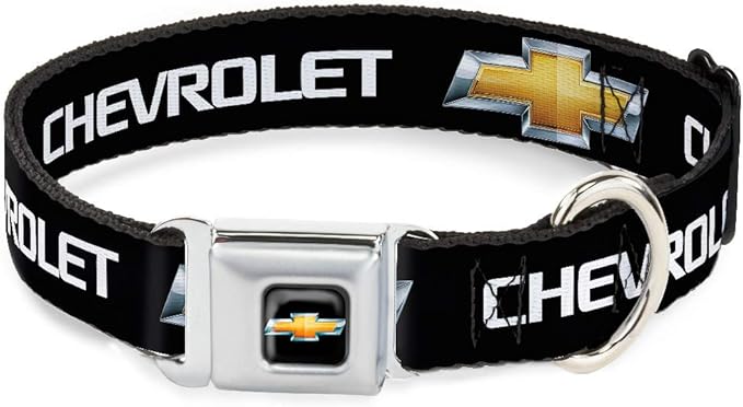 Buckle-Down Seatbelt Buckle Dog Collar - Chevy Bowtie Black/Gold Logo REPEAT - 1.5" Wide - Fits 18-32" Neck - Large