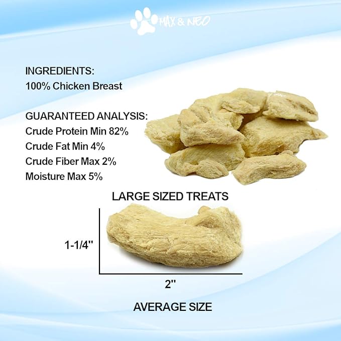 Max and Neo Freeze Dried Chicken Breast Dog Treats - Single Ingredient, Pasture Raised, Antibiotic Free, Human Grade Chicken Grown in The USA - We Donate 1 for 1 to Dog Rescues for Every Product Sold