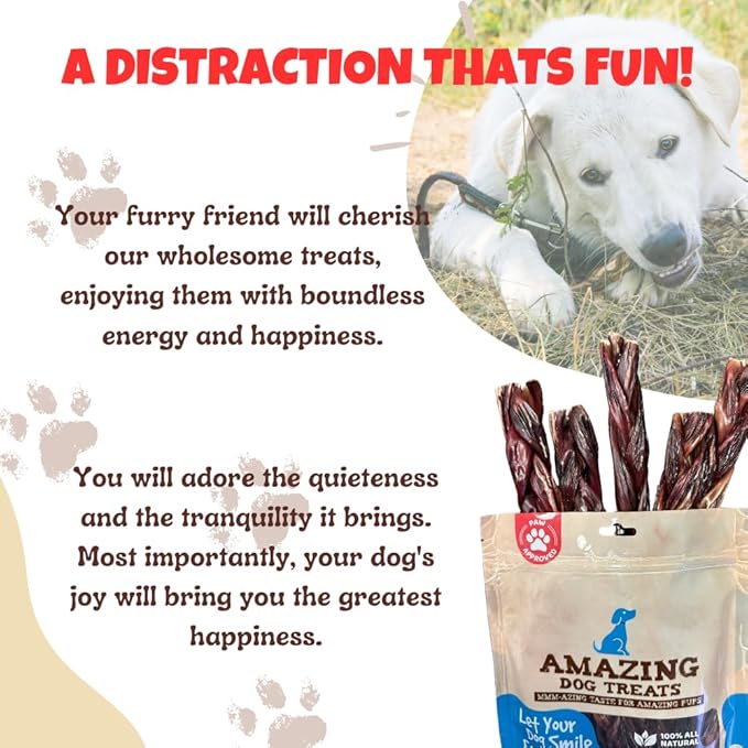Amazing Dog Treats - 6 Inch Extra Thick Braided Gullet Stick (4 Pc/Pack) - Dog Jerky Treats - Beef Esophagus -Gullet Sticks for Dogs - Braided Gullet Sticks Dog Chews - Beef Esophagus Dog Treats