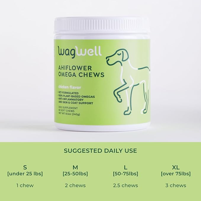 Ahiflower Omega Oil Dog Chews - Vet-Formulated Skin, Coat, Hip and Joint Chews for Dogs - Plant-Based Omega 3, 6 and 9 Supplement - Natural Chicken-Flavored Dog Omega Oil Bites, 60 Soft Chews