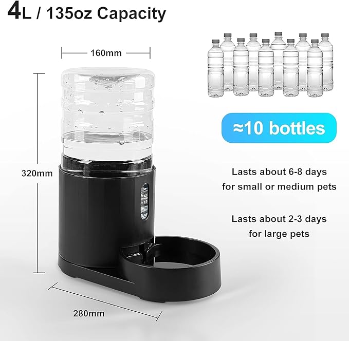 CZPET 4L Dog Water Dispenser, Cat Water Dispenser, Automatic Gravity Cat Water Bowl, Visible Window, Safe and Unplugged for Pet Cat Dog (Black, 4L)