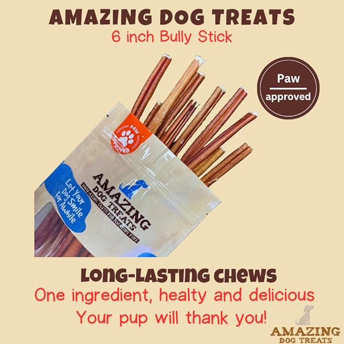 Amazing Dog Treats - Bully Sticks for Small Dogs (6 Inch Junior - 12 Count) - Premium Thin Bully Sticks for Dogs - Best Bully Stick Dog Chews - Bully Bones for Puppies and Small Breeds