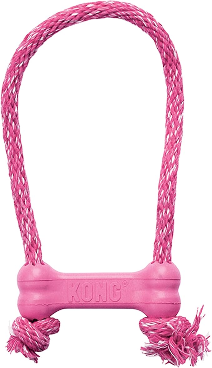 KONG Puppy Goodie Bone with Rope - Dog Chew Toy for Puppies - Natural Rubber Bone Toy with Cotton Rope - Teeth Cleaning Toy for Growing Puppies - for XS Puppies - Pink