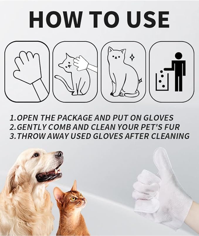Pet Bathing Wipes for Dogs and Cats, Cleaning & Deodorizing Grooming Gloves, Nourishing Grooming Fur Glove Wipes for Daily Care and Traveling, 1 Pack, 6 PCS