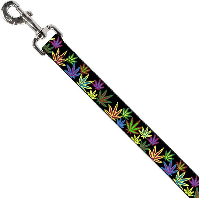 Dog Leash - 6-FEET - Multi Marijuana Leaves Black Multi Color