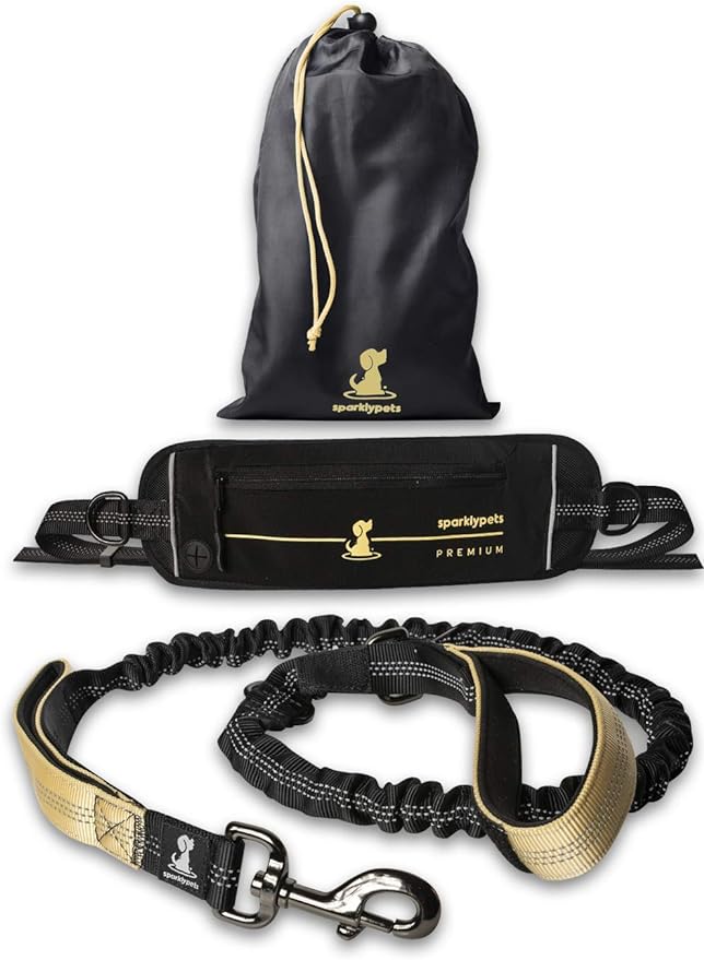 SparklyPets Hands Free Dog Leash for Medium and Large Dogs – Professional Harness with Reflective Stitches for Training, Walking, Jogging and Running Your Pet (Premium Gold Champagne, for 1 Dog)