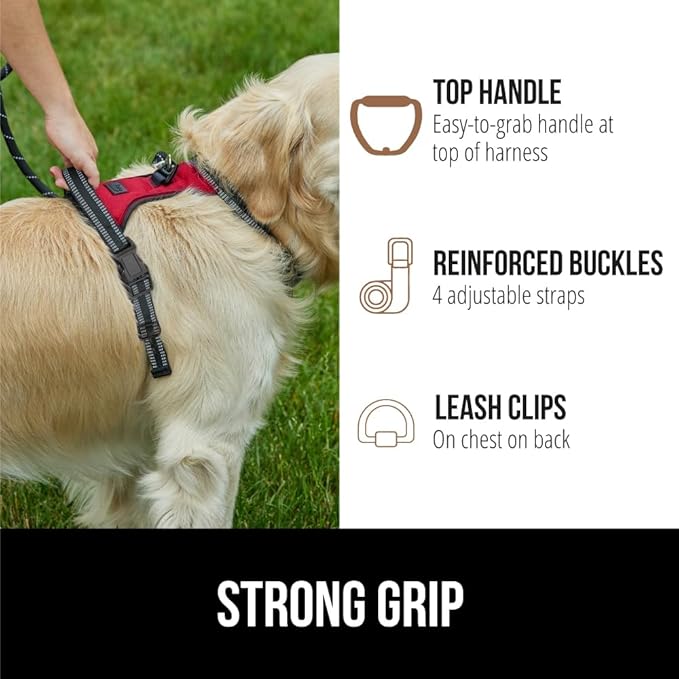 Gorilla Grip No Pull Comfortable Durable Dog Harness with Handle, Pet Leash Clips on Chest or Back for Walking, Padded Mesh Pets Vest, Adjustable Reflective Straps, Puppy Training, Red