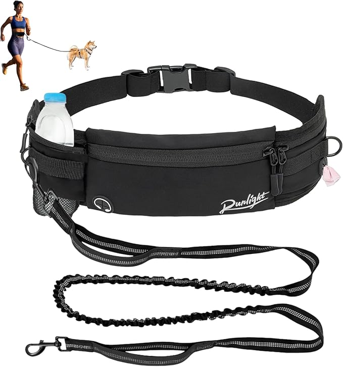 Hands Free Dog Leash Crossbody Dog Running Leash Waist Belt with Zipper Pouch for Small Medium Large Dogs Waist Dog Leash Fanny Pack for Walker Training Jogging Black
