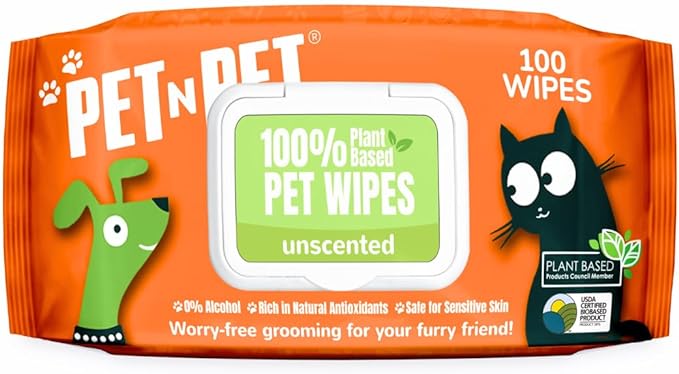 PET N PET 100% Plant Based Dog Wipes for Paws and Butt, 100 Counts Dog Pet Wipes, 8" x 8" Hypoallergenic Unscented Dog Wipes, Cleaning Deodorizing Cat Wipes, Puppy Wipes, Dog Paw Wipes, Dog Face Wipes