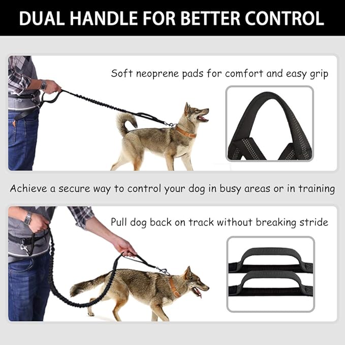 Hands Free Dog Leash, Waist Leash for Dog Walking, Running Leash with Zipper Pouch for Medium Large Dogs, Dual Handle and Retractable Bungee Hands Free Leash for Training Jogging Hiking