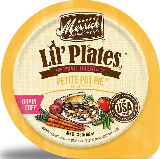 Merrick Lil' Plates Grain-Free Small Breed Wet Dog Food 8 Pack, 3.5 Oz Each, Includes: Texas Steak, Lamb Chop, Pot Pie, Surfin Turfin - Plus Fun Paw Notepad and Sticker (10 Items Total)