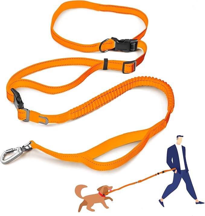 Hands Free Dog Leash,6FT Strong Double Padded Handle Dog Leash with Car Seat Belt Buckle, Reflective Dog Walking Training Shock Absorbing Bungee Leash 6in1,Zipper Pouch,Heavy Duty Dog Leash(Orange)