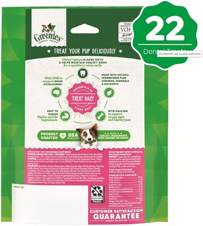 Greenies Puppy Teenie Size Natural Dental Dog Treats, 6 oz. Pack (22 Treats)