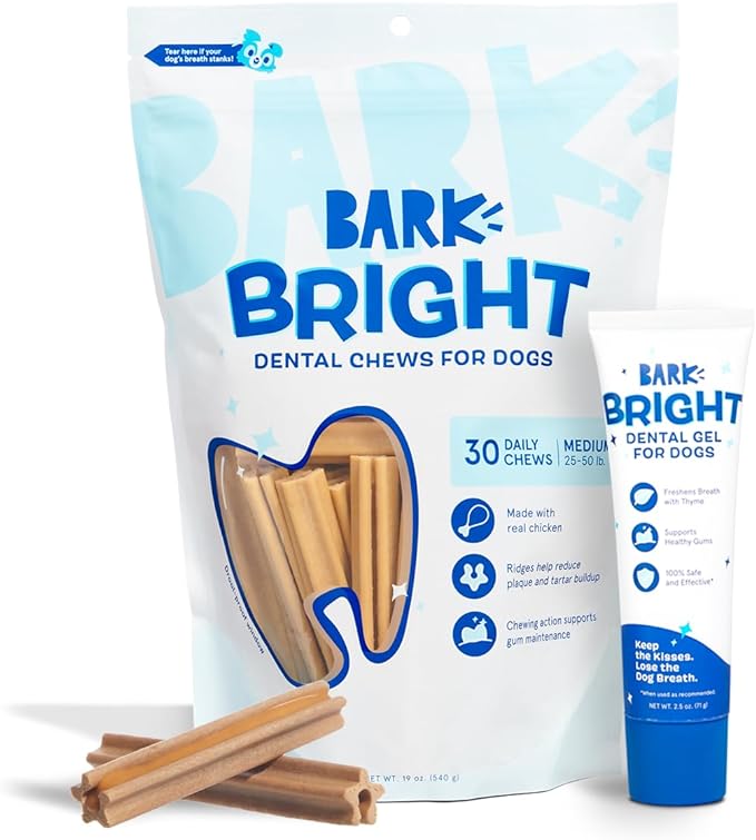 Bark Bright Original Dental Kit - Dog Tooth Brushing Treatment with Teeth Cleaning Chew Sticks & Toothpaste - Plaque & Tartar Remover for Cleaner Teeth & Fresh Breath - Medium Breeds - 30 Chews