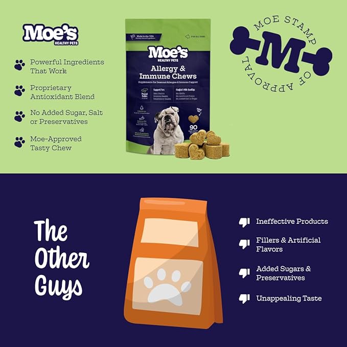 Moe’s Allergy and Immune Support for Dogs- Supports Anti-Itch, Seasonal Allergies- Omega 3 Wild Alaskan Salmon Fish Oil- Dog Allergy Treatment, Skin Health- Made in USA- 90 Chews (Peanut Butter)
