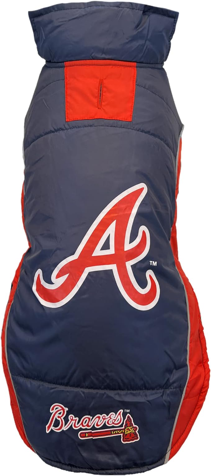 Pets First MLB Atlanta Braves Puffer Vest for Dogs & Cats, Size Small. Warm, Cozy, and Waterproof Dog Coat, for Small and Large Dogs/Cats. Best MLB Licensed PET Warming Sports Jacket (BRV-4081-SM)