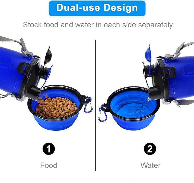 Dog Travel Water Bottle Collapsible Bowls, 2 in 1 Pet Food Container with Collapse Bowls, Outdoor Portable Water Bowls for Walking, Traveling, Camping and Hiking Blue