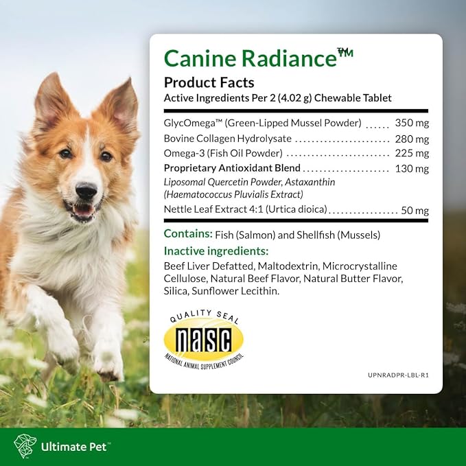 ULTIMATE PET NUTRITION Canine Radiance Skin Allergy Support Supplement for Dogs, Omega-3 Skin Hydration, Antioxidants to Prevent Itching and Strengthen Coat, 60 Chewable Tablets