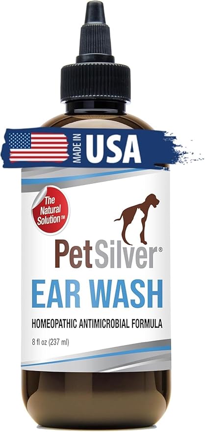 PetSilver Natural Ear Wash Flush with Patented Chelated Silver Formula, Cat and Dog Ear Cleaner and Treatment, Sooth and Clean Itchy and Inflamed Ears, Easy to Use, Made in USA, 8 oz.