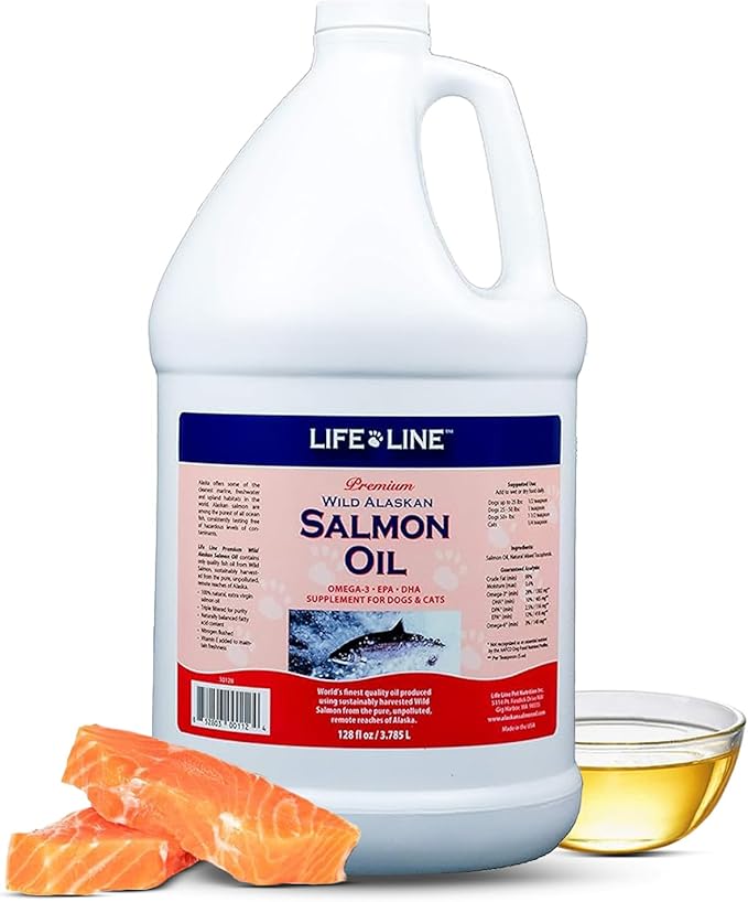 Life Line Pet Nutrition Wild Alaskan Salmon Oil Omega-3 Supplement for Skin & Coat – Supports Brain, Eye & Heart Health in Dogs & Cats, 128 oz
