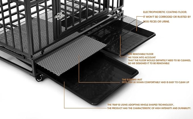 42 inch Heavy Duty Extra Large Indestructible Dog Crate Kennel Indoor with Separation Anxiety Lockable Wheels and Removable Tray