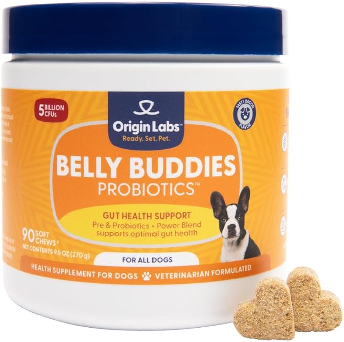 Belly Buddies Probiotics for Dogs, 5 Billion CFUs Prebiotics & Probiotics for Gut Health, 7 Strain Probiotic Blend, Immune Support, for All Dogs, Bacon Flavor, 90 Soft Chews