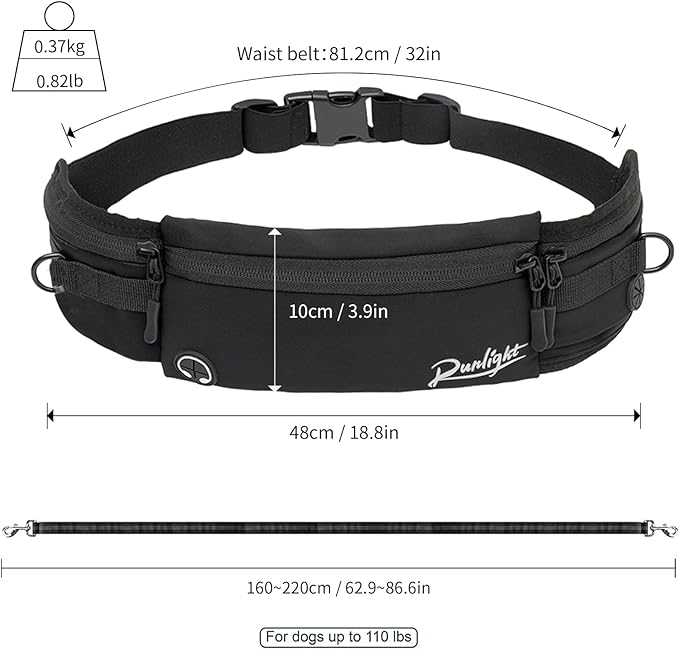Hands Free Dog Leash,Hands Free Dog Running Leash with Removable Zipper Pouch,Waist Dog Leash Belt Fanny Pack Bag for Walking,Hiking,Biking,Jogging,Training (B Black)