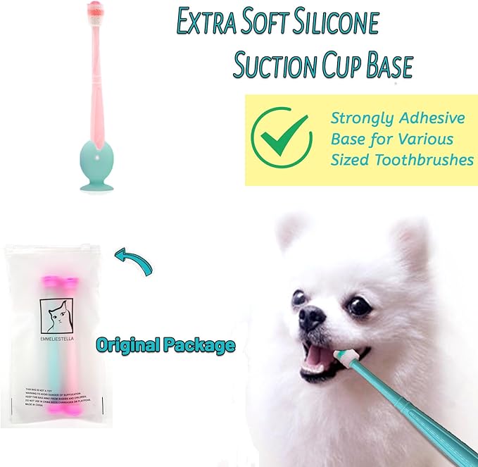 E.M&S.T by Emmeliestella Small Dog & Cat Toothbrush 360 Degree Soft Silicone, Cat Dental Care, Toothbrush Holder, Easy to Handle, Independent Packaging, Extra Suction Cup, Light Blue&Light Pink 3PCS