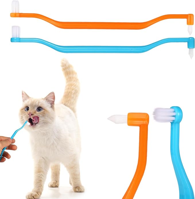 2pcs Dual Sided Cat & Dog Toothbrushes 6.3x0.63in Kitten Puppy Teeth Cleaning Brush Micro Head Pets Kitty Dental Care for Prevent Bad Breath & Plaque Tartar Formation (Blue,Orange)