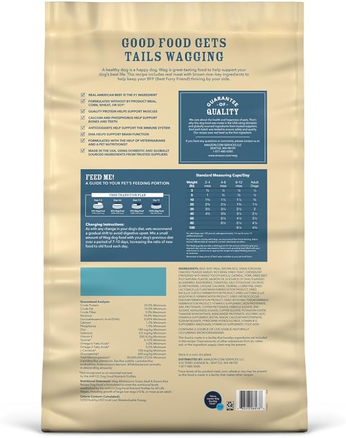Amazon Brand – Wag Dry Dog Food, Beef and Brown Rice, 30 lb Bag (Pack of 1)
