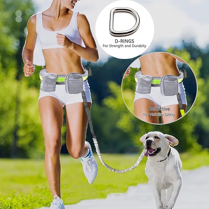 Outdoor Hands Free Dog Leash with Zipper Pouch,Reflective Dog Running Leash Belt Bag Bungee Waist Leash Leash Kit for Medium Large Dogs' Training and Walking Hiking Jogging Biking (Grey)