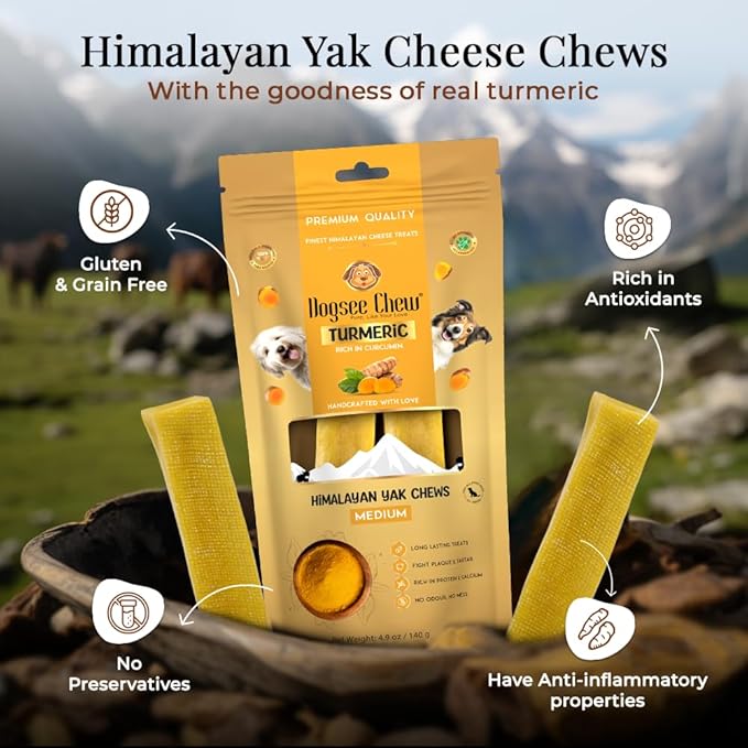 Dogsee Turmeric Flavor Himalayan Yak Cheese Dental Chews for Dogs (Medium - 2 Chews) | Anti-inflammatory | Made in Himalayan Regions | Premium Yak Cheese Dental Chews
