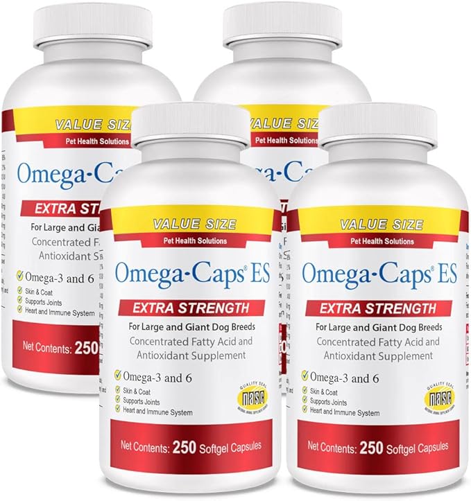 Omega-Caps Extra Strength for Large Breeds-Vet Formulated for Healthy Radiant Skin & Coat While Reducing Shedding. Contains Omega 3 for Immune System Support, Easy to Dose, 1000 Soft Gel Capsules