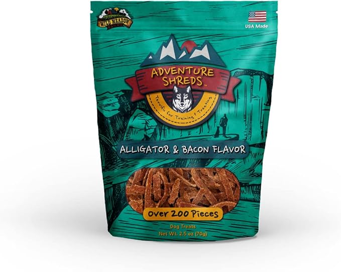 Wild Meadow Farms - Adventure Shreds Alligator & Bacon Dog Treats, Soft & Thin Dog Treats for Training & Rewards, Grain-Free Snacks for Pets of All Breeds and Ages - 2.5 Ounce Pouch