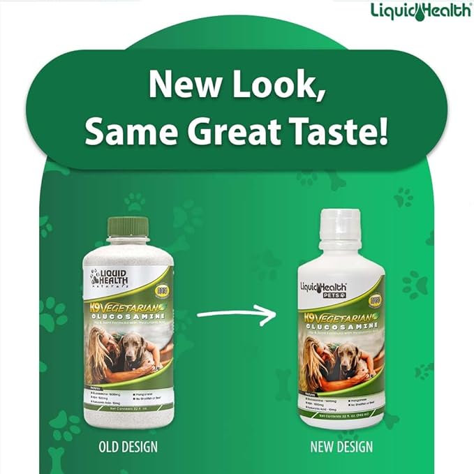 LIQUIDHEALTH 32 Oz K9 Vegetarian Liquid Glucosamine for All Dogs Canines - Chondroitin, MSM, Omega 3, Anti Oxidants Hyaluronic Acid – Joint Health, Dog Vitamins Hip Joint Juice, Joint Oil-3Pack