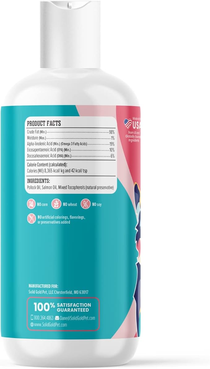 Solid Gold Fish Oil for Dogs & Cats - Wild Alaskan Salmon Oil for Dogs Skin and Coat Support - Omega 3 Pollock Oil Blend and Fatty Acids with EPA & DHA for Immune System Health - 8 oz Bottle