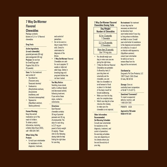 SENTRY PET CARE SENTRY HC WORM X PLUS 7 Way De-Wormer (pyrantel pamoate/praziquantel), for Puppies and Small Dogs, 6-25 lbs, Chewable, 6 Count