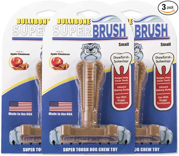 Bullibone SuperBrush: Dog Teeth Cleaning Brushing Toothbrush Stick - Long Lasting Nylon Apple Cinnamon Chew Toy for Oral Care and Dental Health