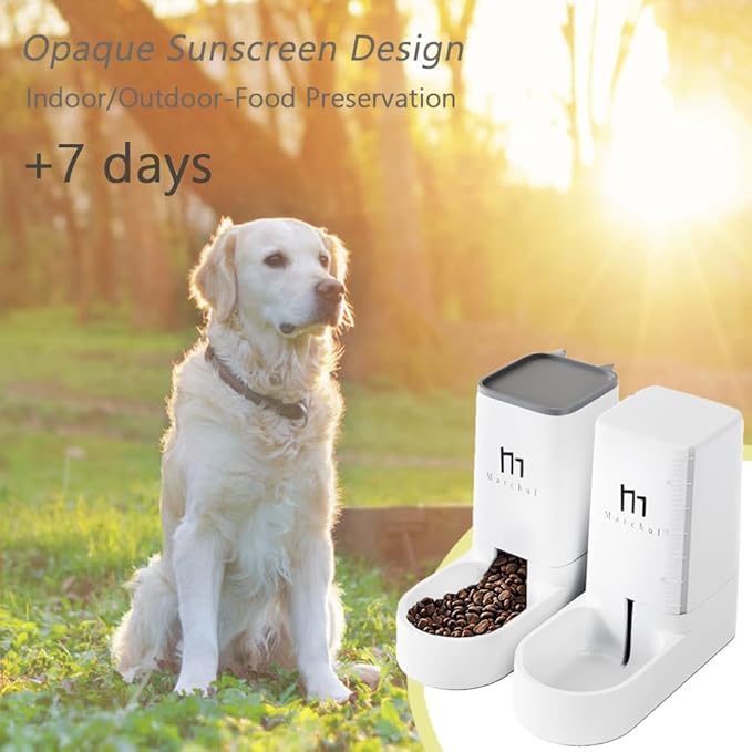 Marchul Cat Feeder and Water Dispenser Set, Automatic Cat Food Dispenser 4.63lb, Gravity Automatic Water Dispenser 1 Gallon, Cat and Dog Feeders with Pet Food Scoop Sponge Bottle Brush